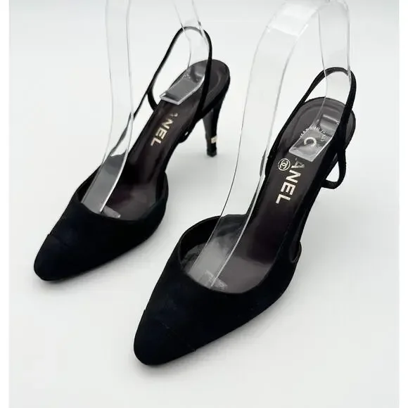 Chanel Slingback Heels 36.5 Black Suede Gold Cap Toe Vintage CC Logo Block Heel - Picture 9 of 9